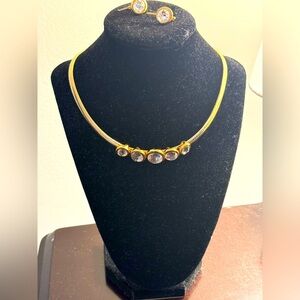 Swarovski Swan Signed Collar Necklace Earrings Bezel Set Crystals Vintage
